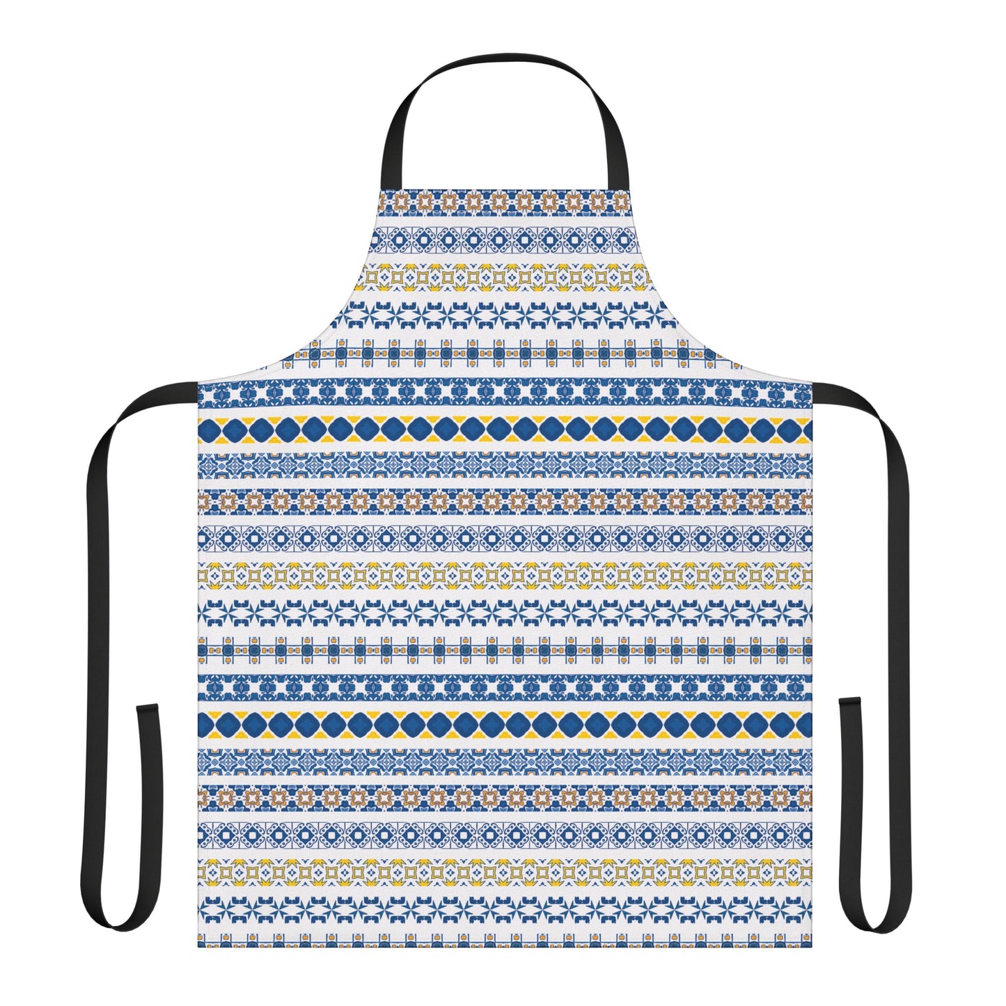 Patterned apron with blue and yellow design on a white background