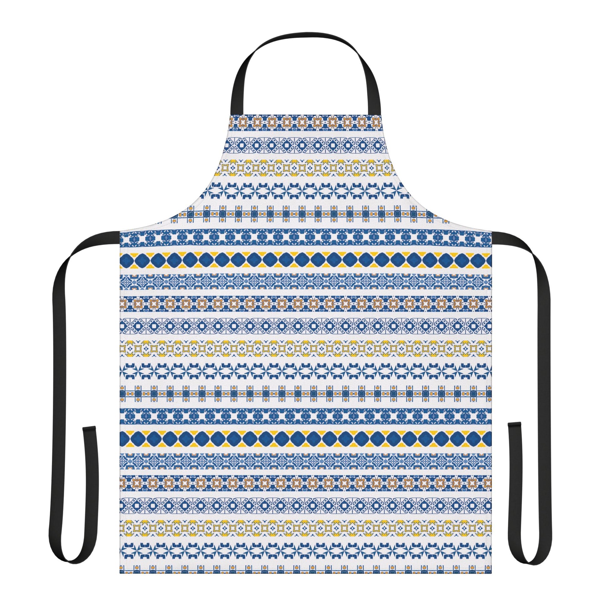 Patterned apron with blue and yellow design on a white background