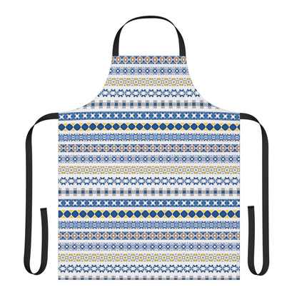 Patterned apron with blue and yellow design on a white background
