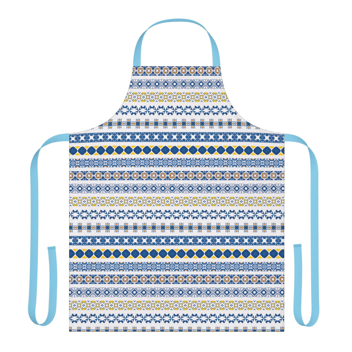 Patterned apron with blue straps on a white background