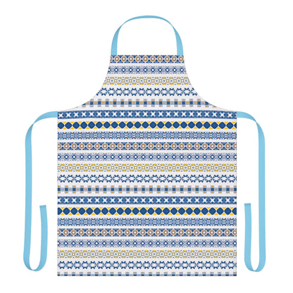 Patterned apron with blue straps on a white background