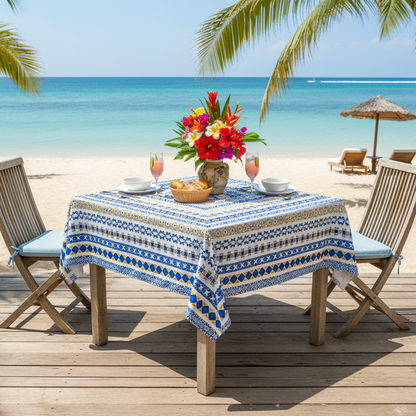 Table set with a floral arrangement on a wooden deck by the beach