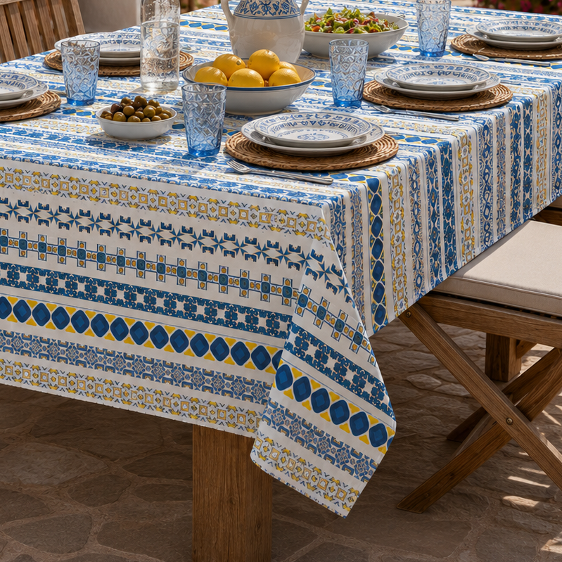 A rectangular outdoor dining table covered with a blue, white, and yellow patterned tablecloth, set with plates, glasses, and lemons on a sunny patio with wooden chairs and plants in the background.