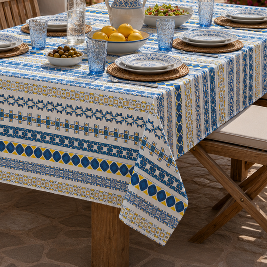 A rectangular outdoor dining table covered with a blue, white, and yellow patterned tablecloth, set with plates, glasses, and lemons on a sunny patio with wooden chairs and plants in the background.