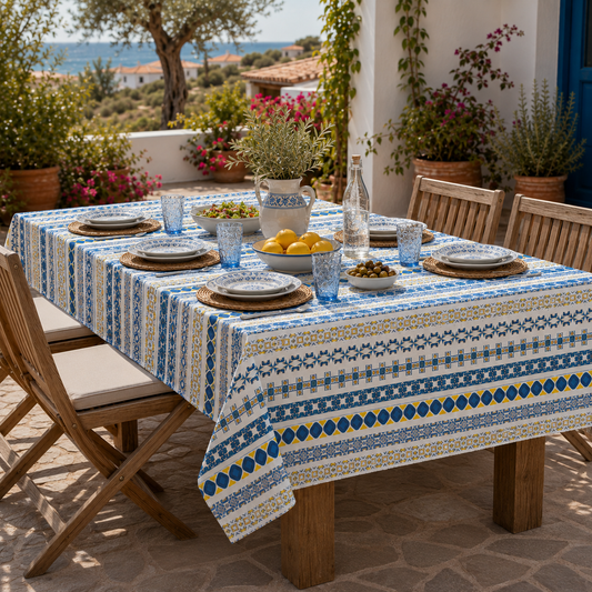 A rectangular outdoor dining table covered with a blue, white, and yellow patterned tablecloth, set with plates, glasses, and lemons on a sunny patio with wooden chairs and plants in the background.