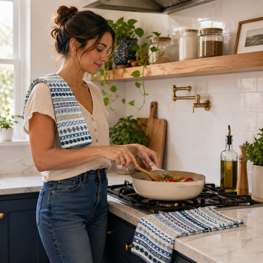 Woman cooking in a kitchen with a pot on the stove