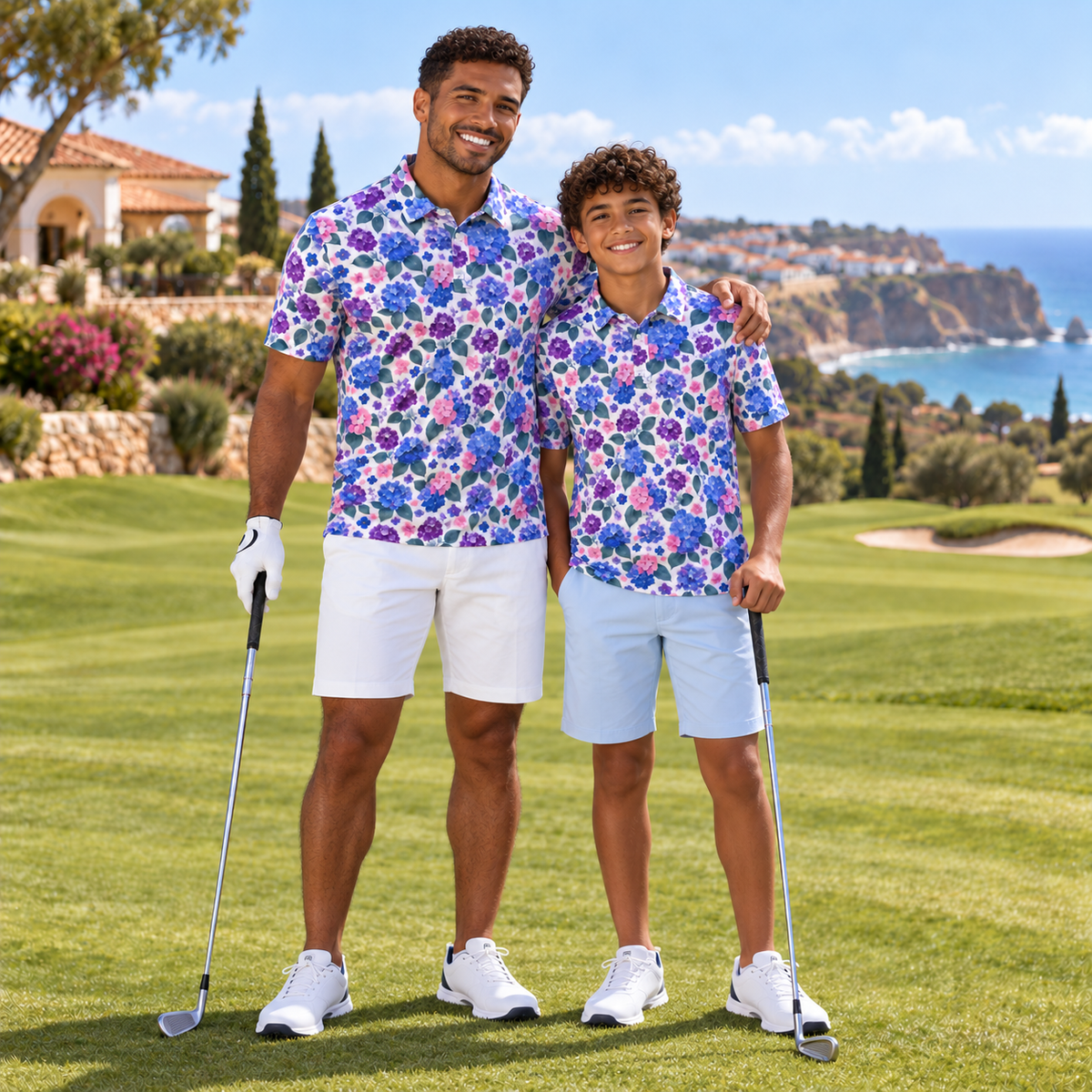 A man and a young boy standing together on a sunny golf course, both wearing matching short-sleeve polo shirts with a vibrant purple, blue, and pink floral pattern. The man wears white shorts and white golf clubs, while the boy wears light blue shorts and holds a golf club.