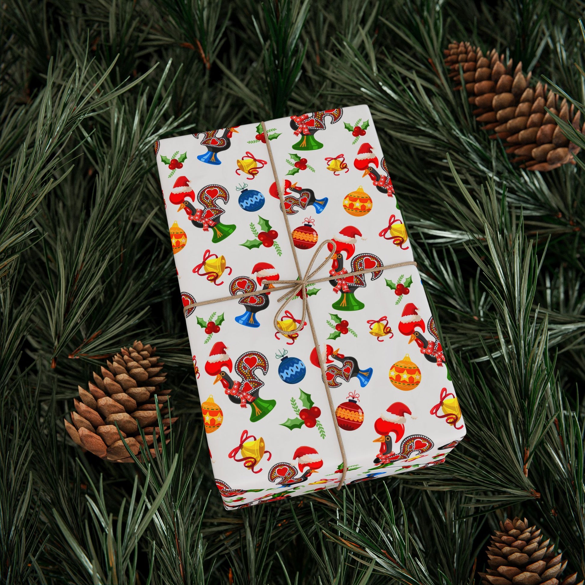 Gift box with Christmas-themed Portuguese Rooster wrapping paper on a bed of pine needles and pine cones.