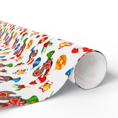 Roll of colorful wrapping paper with galo de barcelos christmas theme on a white background