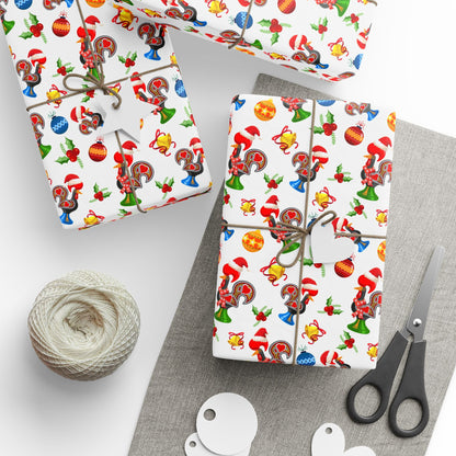 Two wrapped presents with festive galo de barcelos christmas design, string, scissors, and twine on a gray surface.