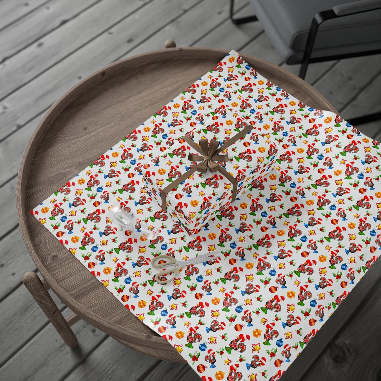 Colorful patterned portuguese rooster wrapping paper on a wooden tray outdoors