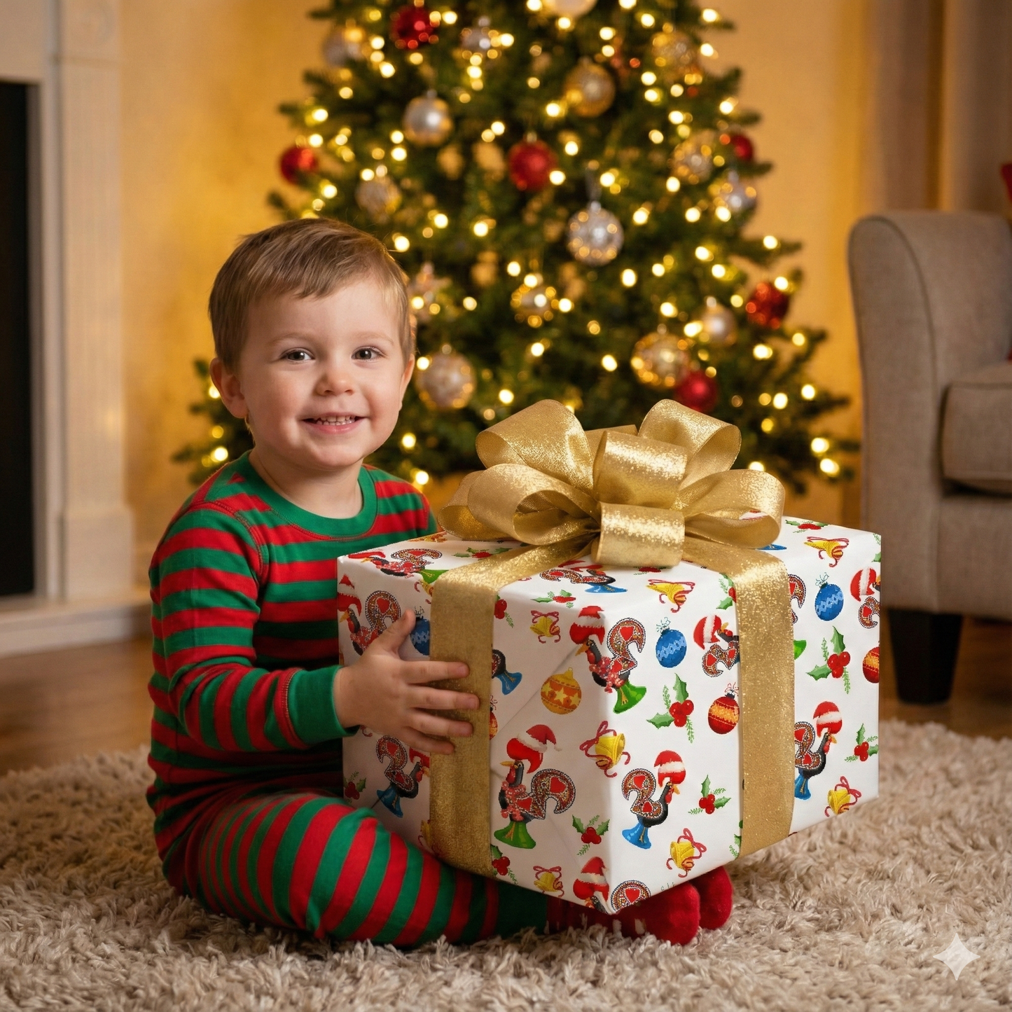 Child in festive pajamas holding Christmas present with a portuguese rooster christmas pattern in front of a decorated tree.
