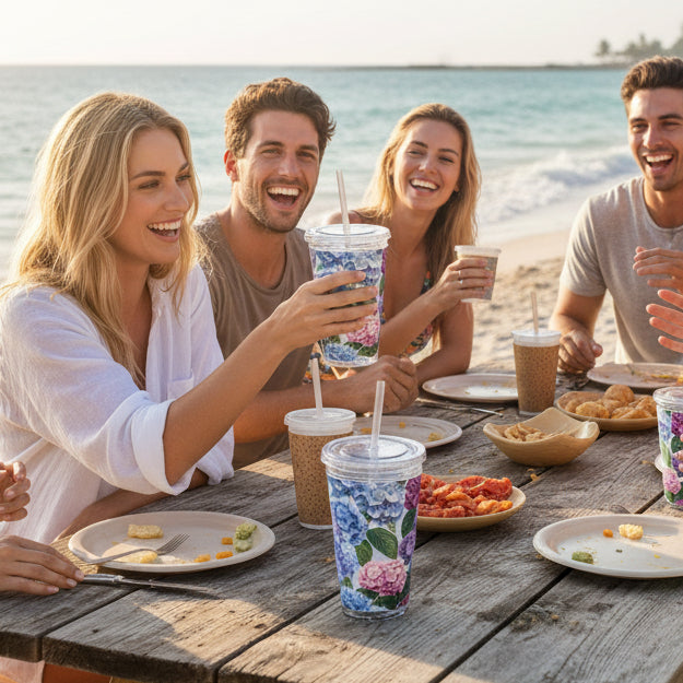 Floral-patterned tumbler with a straw on a white background
