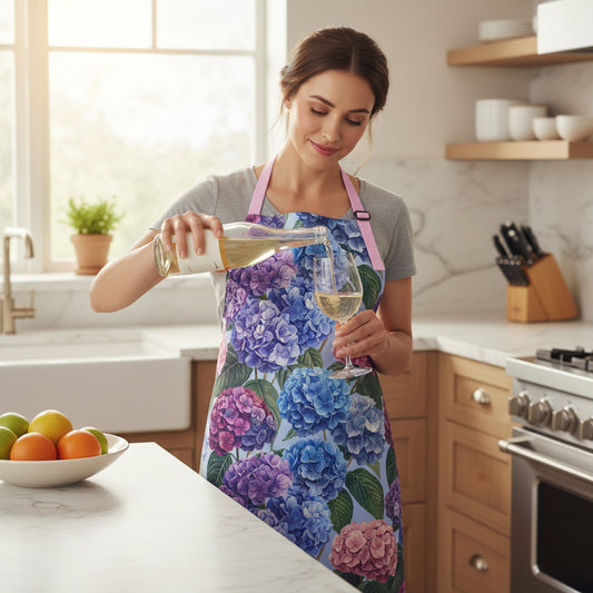 woman wearing a Floral apron with pink straps