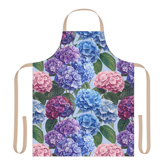 Floral apron with hydrangea pattern on a white background