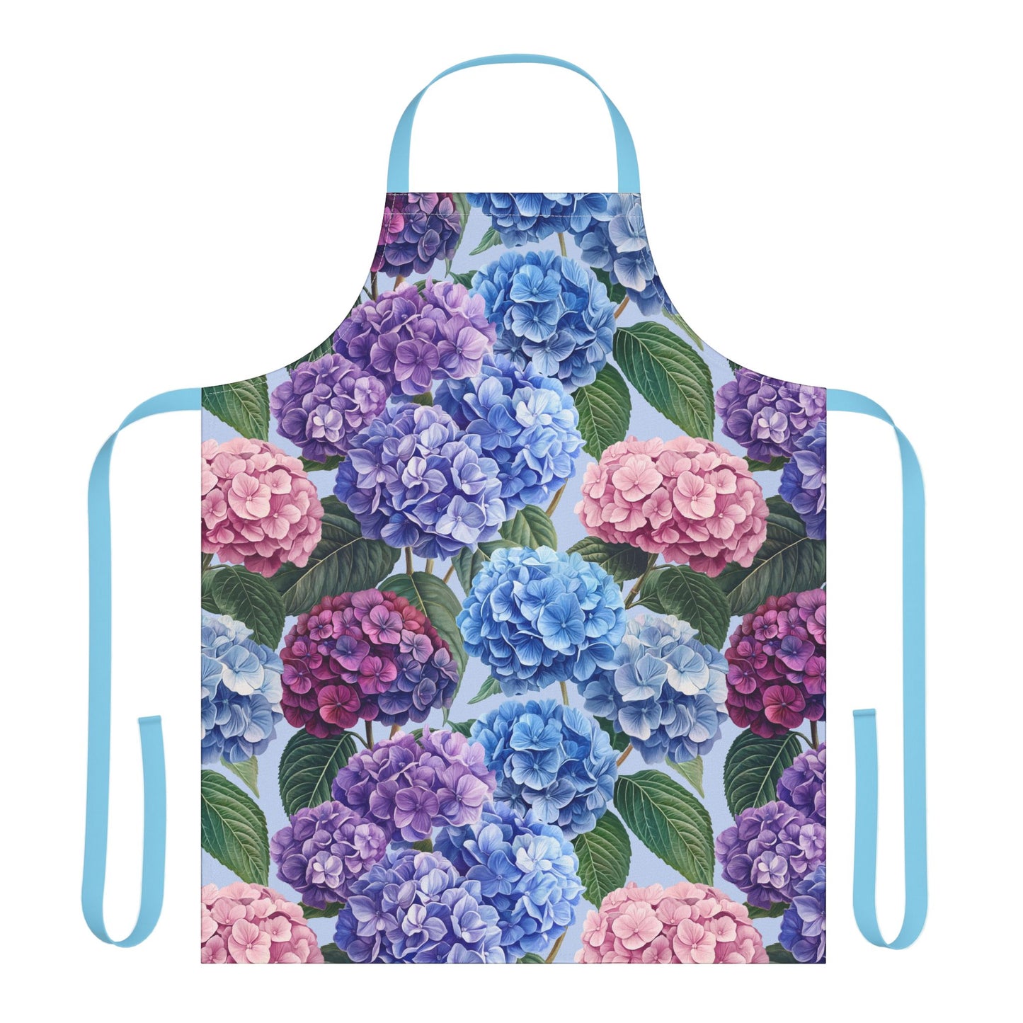Floral apron with blue, purple, and pink hydrangeas on a white background