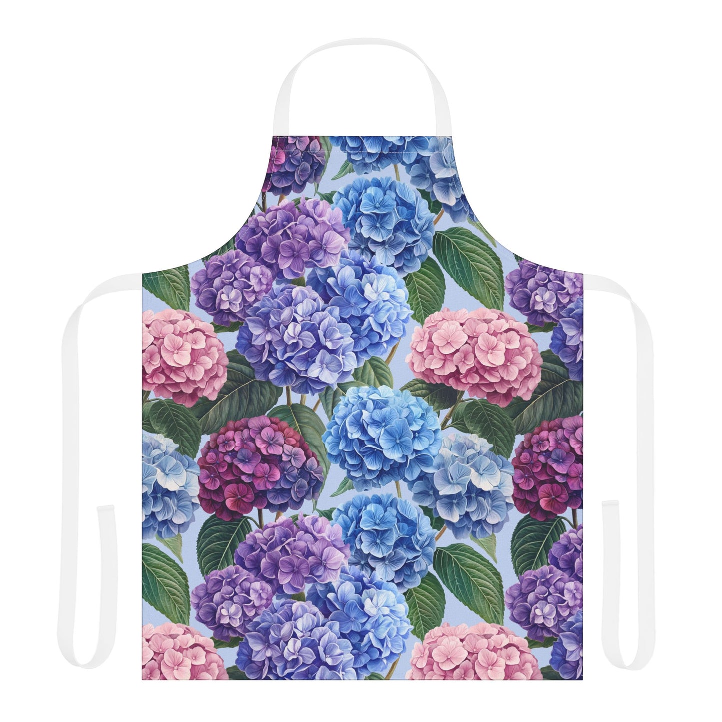 Floral apron with hydrangea pattern on a white background