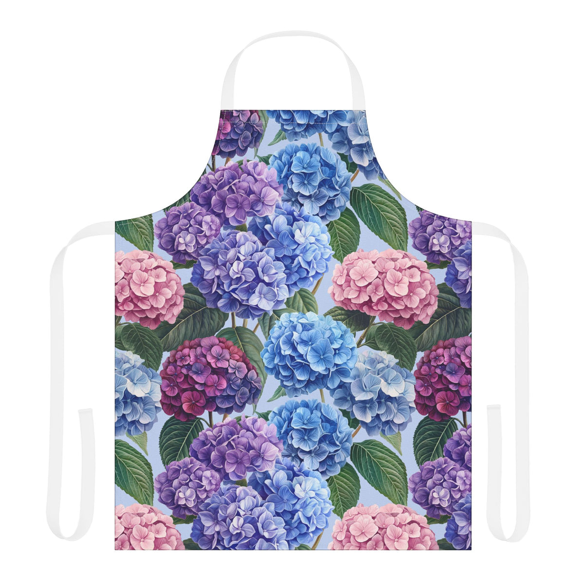 Floral apron with hydrangea pattern on a white background