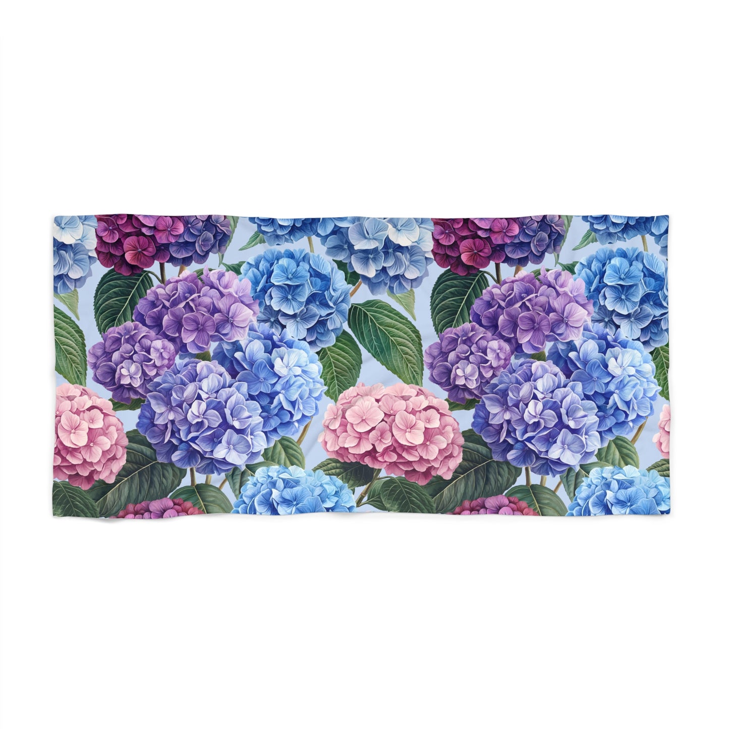Towel with a colorful hydrangea pattern on a white background