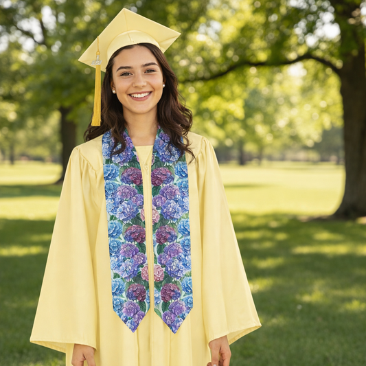 Graduate in yellow cap and gown with a floral stole standing outdoors.