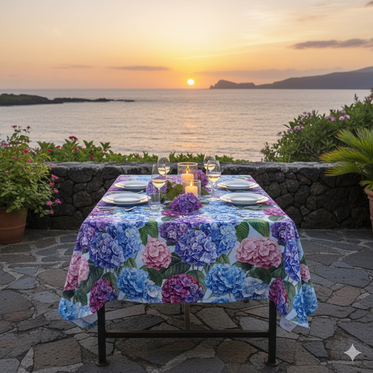 Dining table set with a floral tablecloth by the sea at sunset