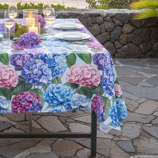 A rectangular outdoor dining table set for two with wine glasses, plates, and a candle, covered in a white tablecloth printed with large blue, purple, and pink hydrangeas. The table is set on a stone patio overlooking a sunset over the ocean.