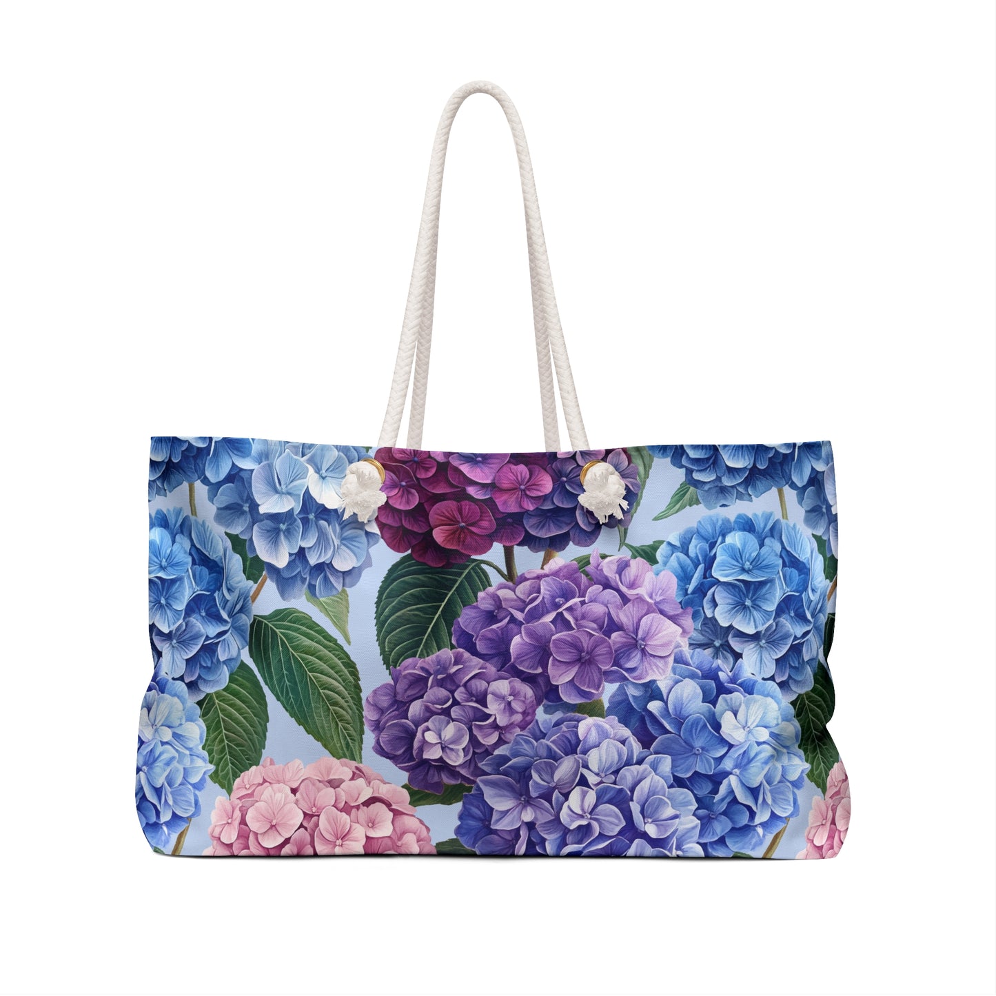 Tote bag with hydrangea floral pattern on a white background