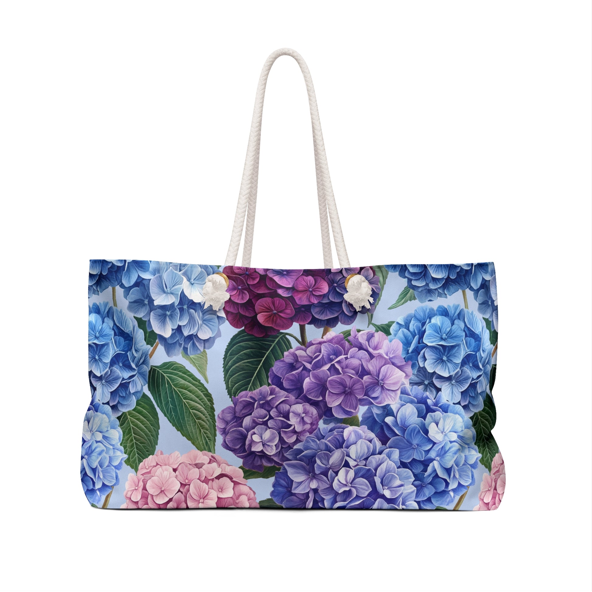 Tote bag with hydrangea floral pattern on a white background