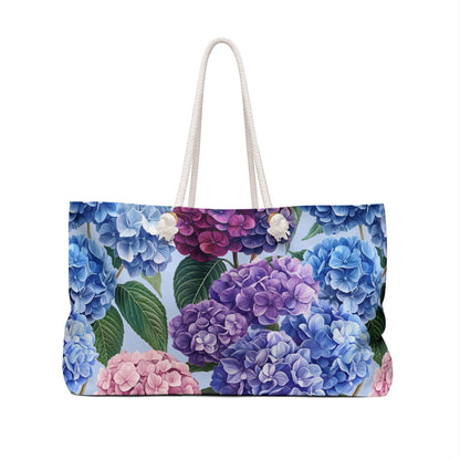 Tote bag with hydrangea floral pattern on a white background