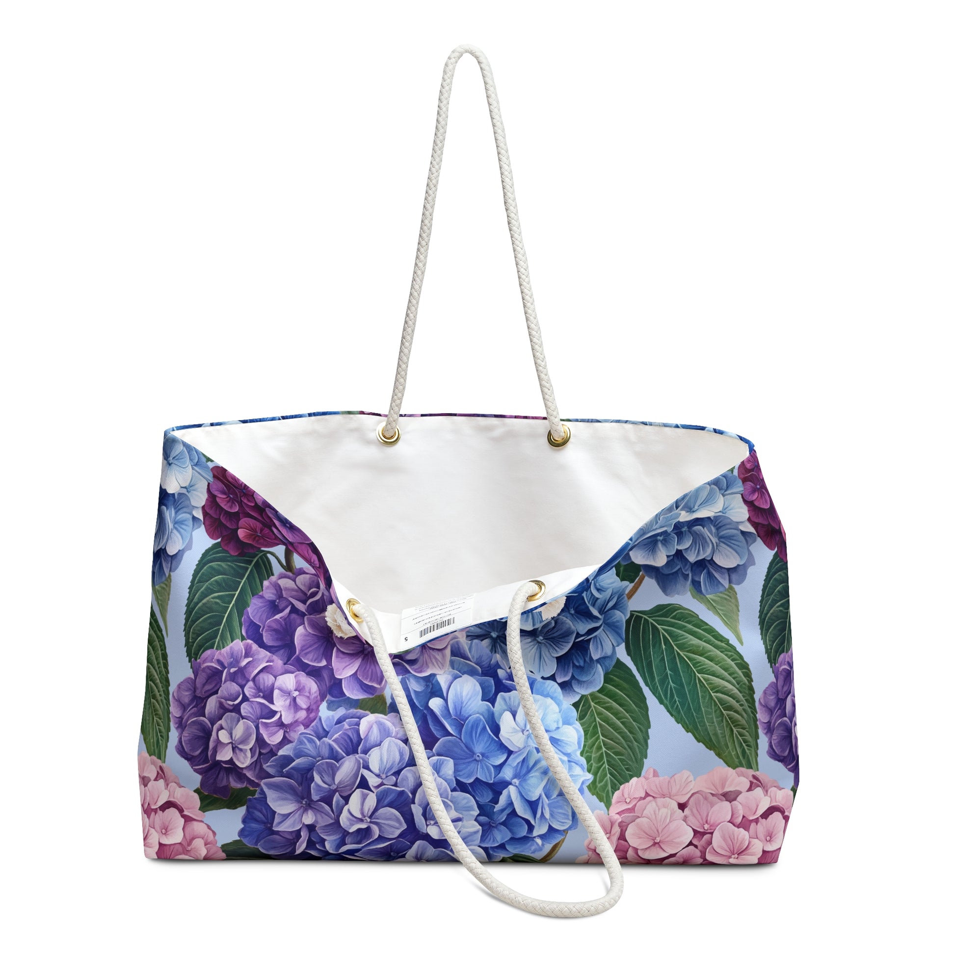 Tote bag with hydrangea floral pattern on a white background
