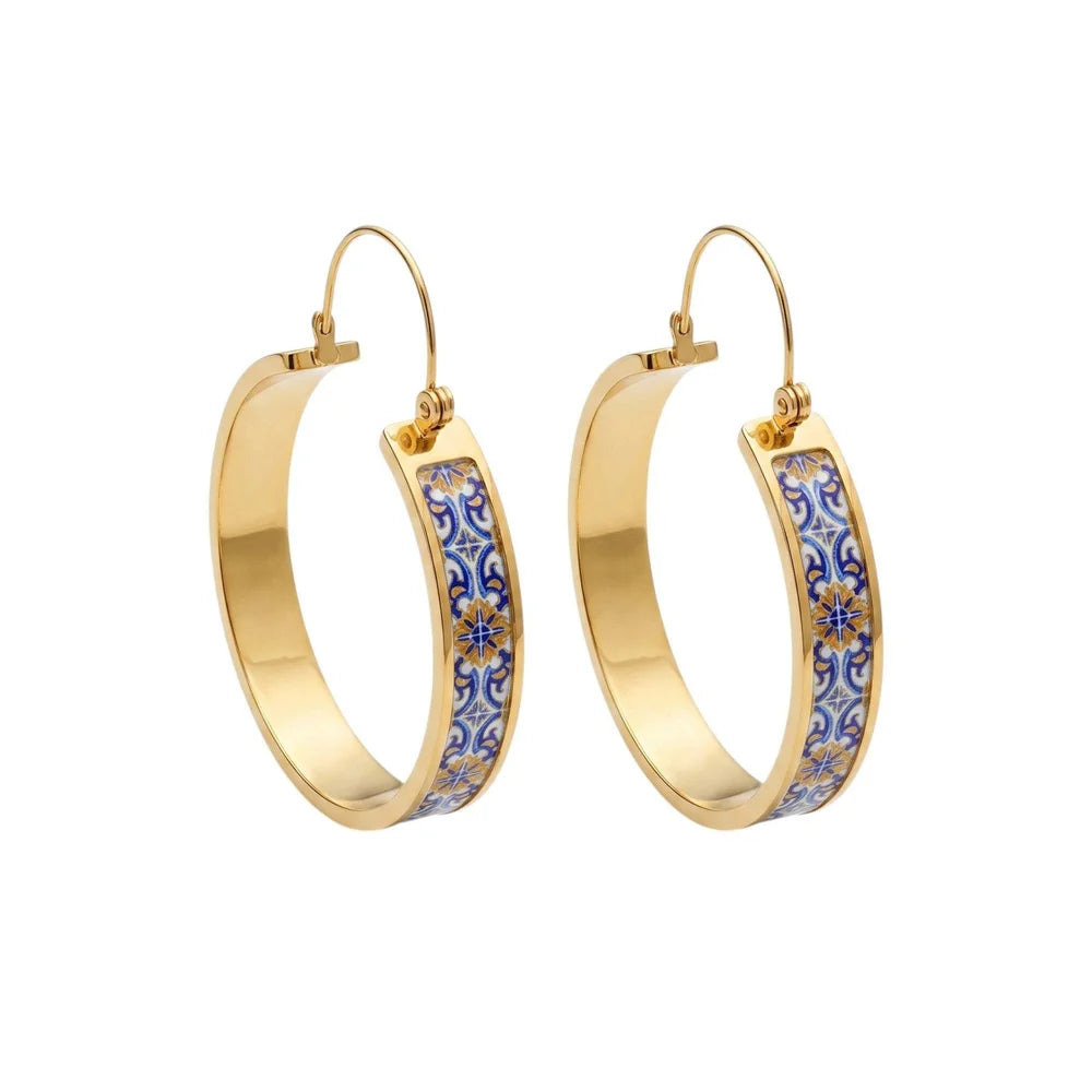 Blue & Yellow Portuguese Tile Hoop Earrings