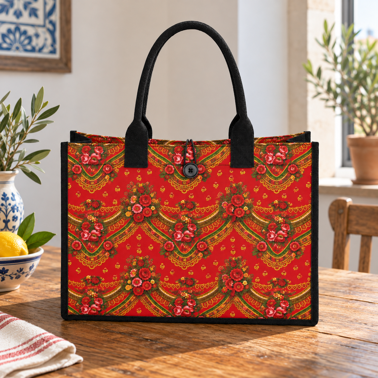 A red tote bag with black handles and a detailed floral and scroll pattern in green, gold, and pink, displayed on a wooden table in a kitchen setting.
