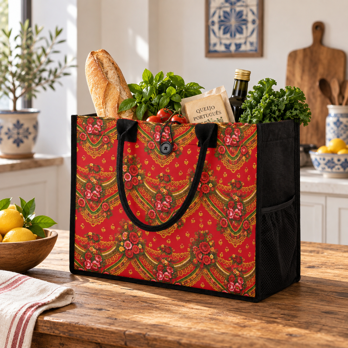 A red reusable tote bag with a vintage floral pattern and black handles, filled with groceries including a baguette, greens, tomatoes, and a bottle, set on a wooden kitchen table.