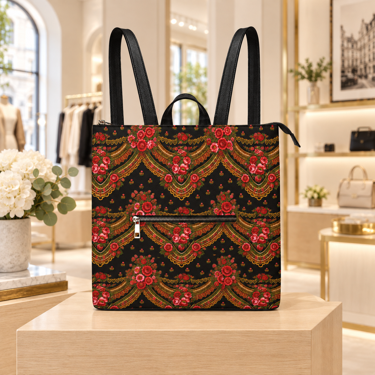 A black backpack with a red and gold floral patterned fabric body, displayed on a light wood pedestal inside a boutique setting.