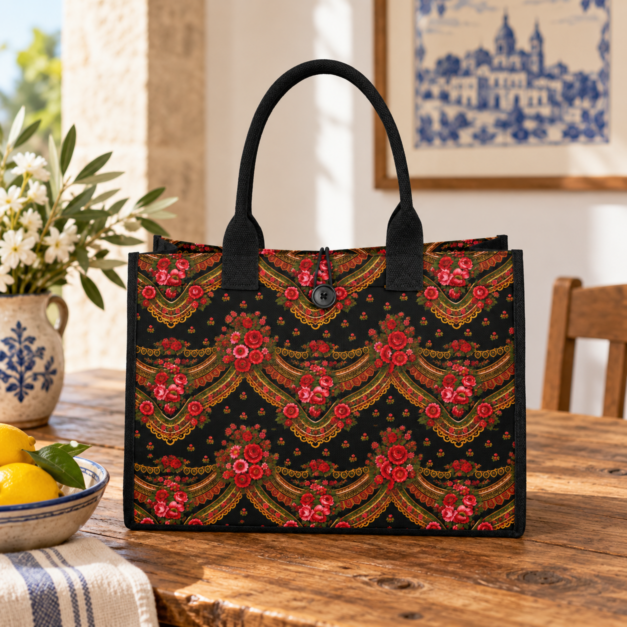 A black tote bag with a colorful embroidered floral and scroll pattern in red, gold, and green, resting on a rustic wooden table in a warm, sunlit room.