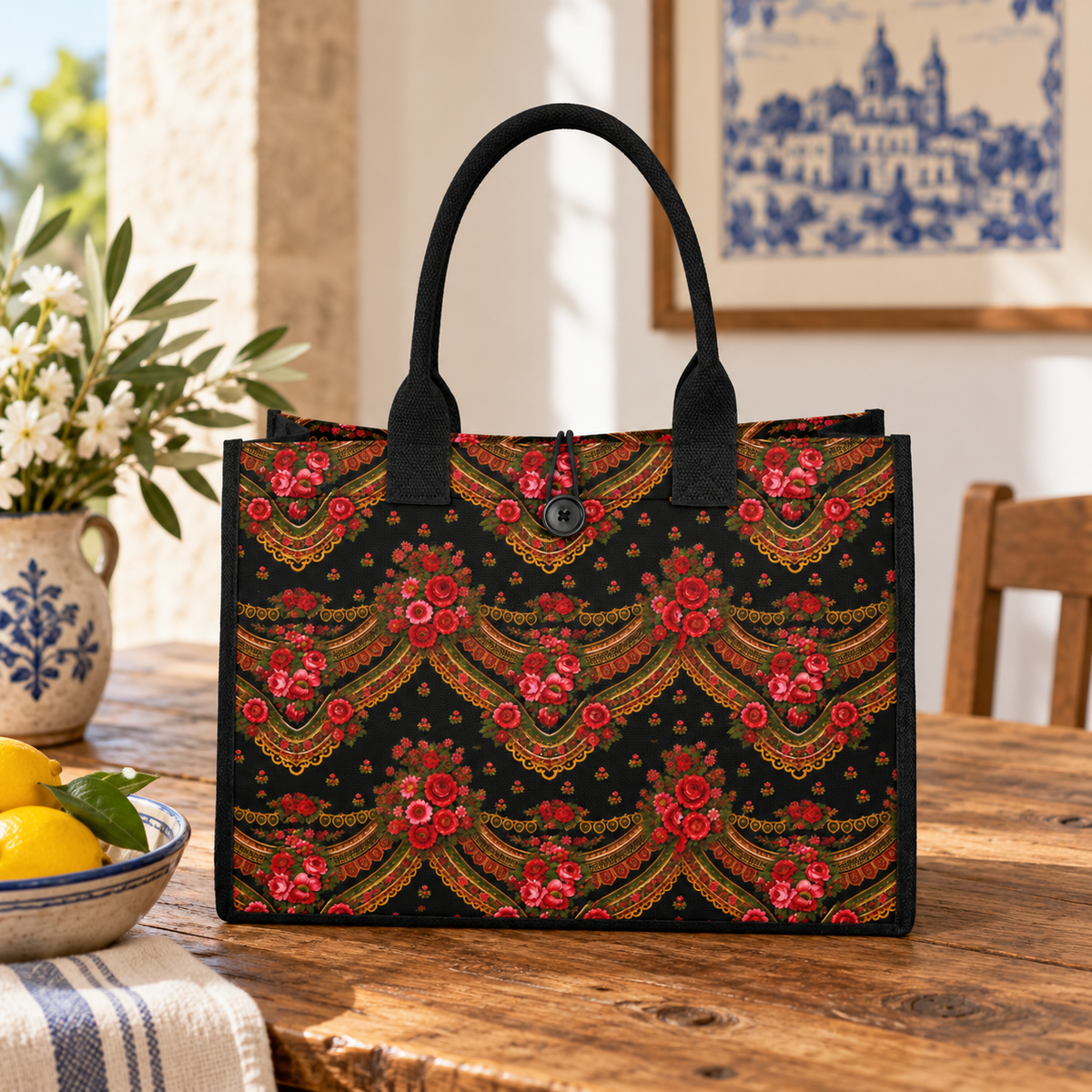 A black tote bag with a colorful embroidered floral and scroll pattern in red, gold, and green, resting on a rustic wooden table in a warm, sunlit room.