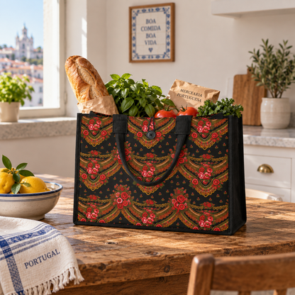 A reusable tote bag with a black base and a colorful red, gold, and green floral pattern sits on a wooden table in a bright kitchen. The bag is filled with groceries, including a baguette, basil, tomatoes, and a brown paper bag.