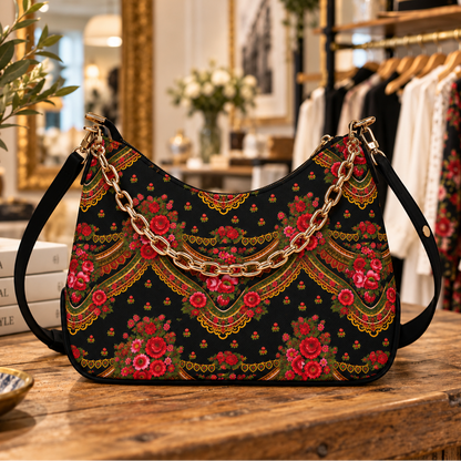 A black shoulder bag with a vibrant red, green, and gold floral pattern, featuring a gold chain strap, displayed on a wooden table inside a boutique setting.