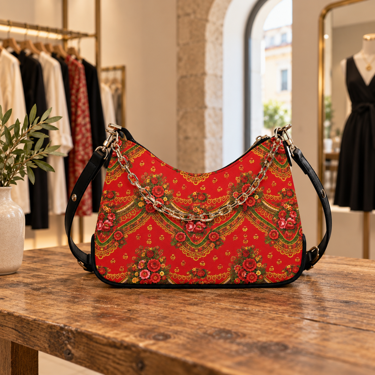 A red shoulder bag with an ornate floral and geometric pattern, featuring a gold chain strap and black leather straps, displayed on a rustic wooden table inside a boutique.