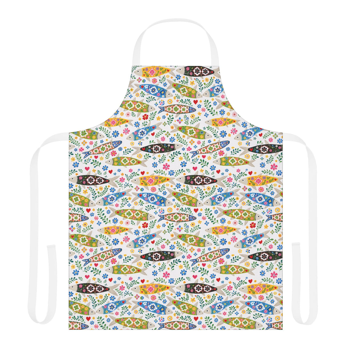 Colorful apron with fish and floral pattern on a white background