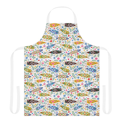 Colorful apron with fish and floral pattern on a white background