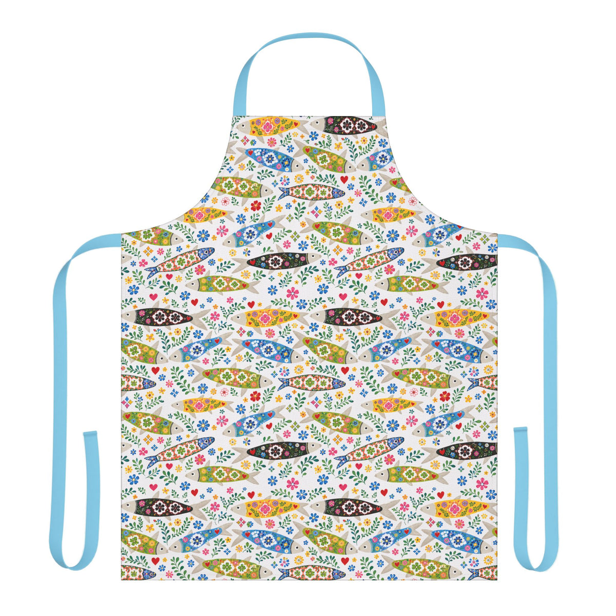 Colorful apron with fish and floral pattern on a white background