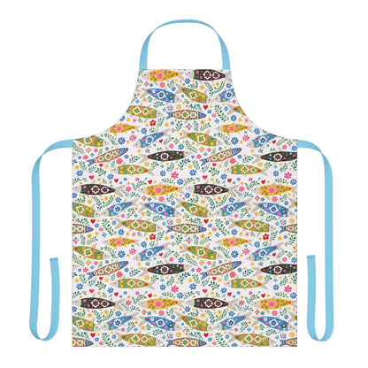 Colorful apron with fish and floral pattern on a white background