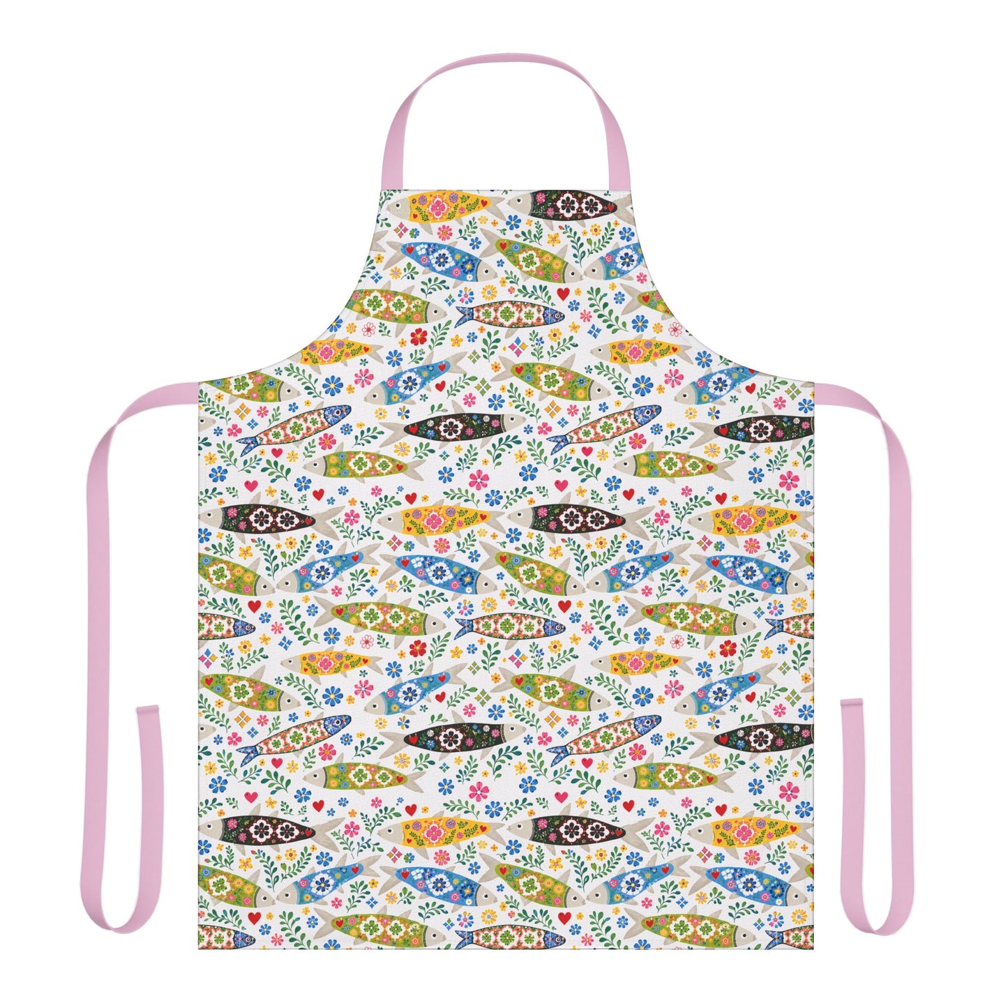 Colorful apron with fish and floral pattern on a white background