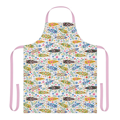 Colorful apron with fish and floral pattern on a white background