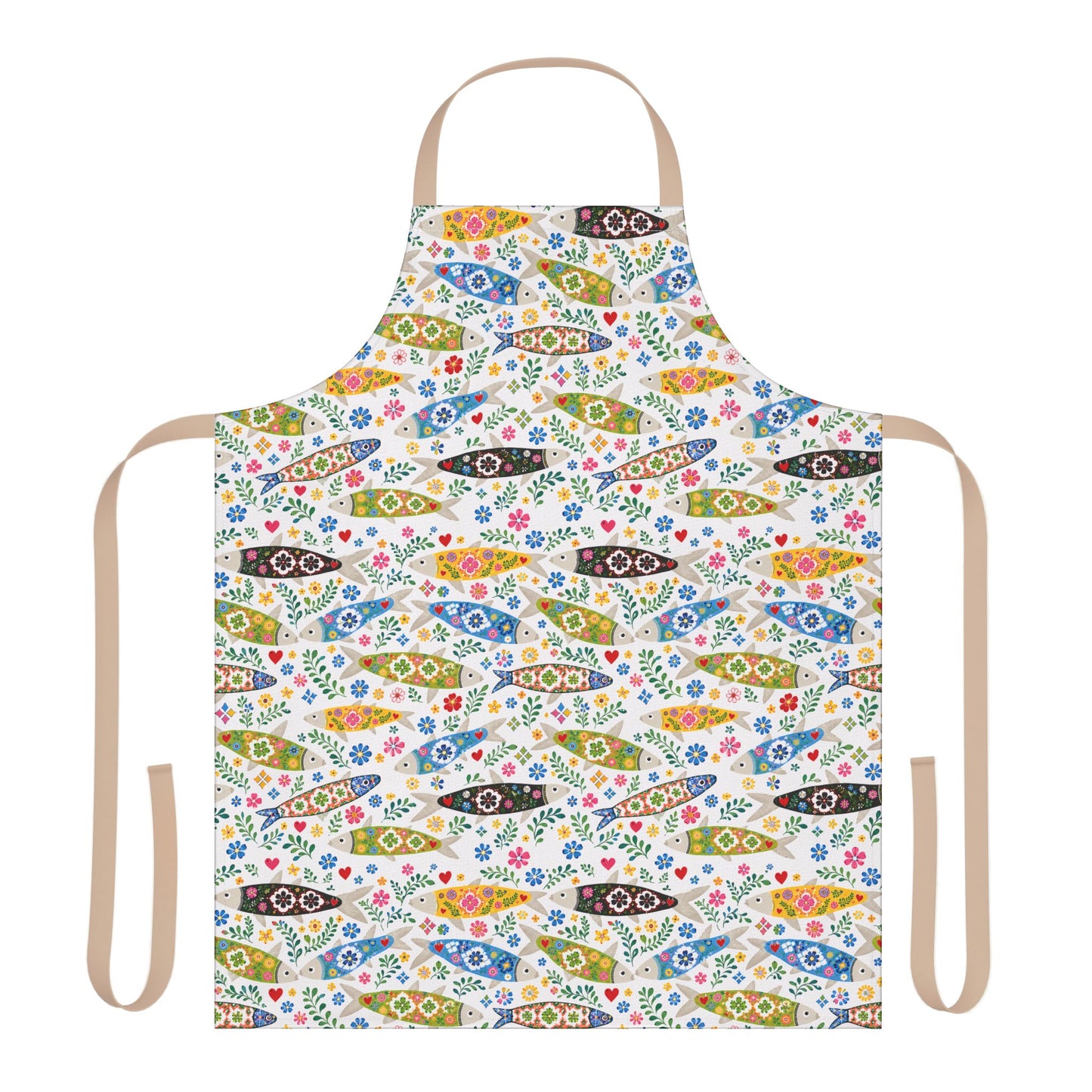 Colorful apron with fish and floral pattern on a white background