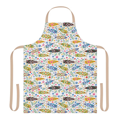 Colorful apron with fish and floral pattern on a white background