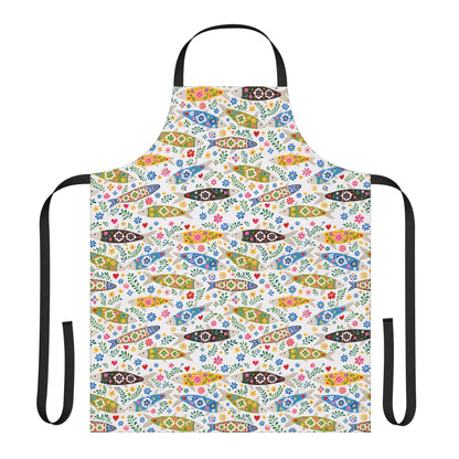 Colorful apron with fish and floral pattern on a white background