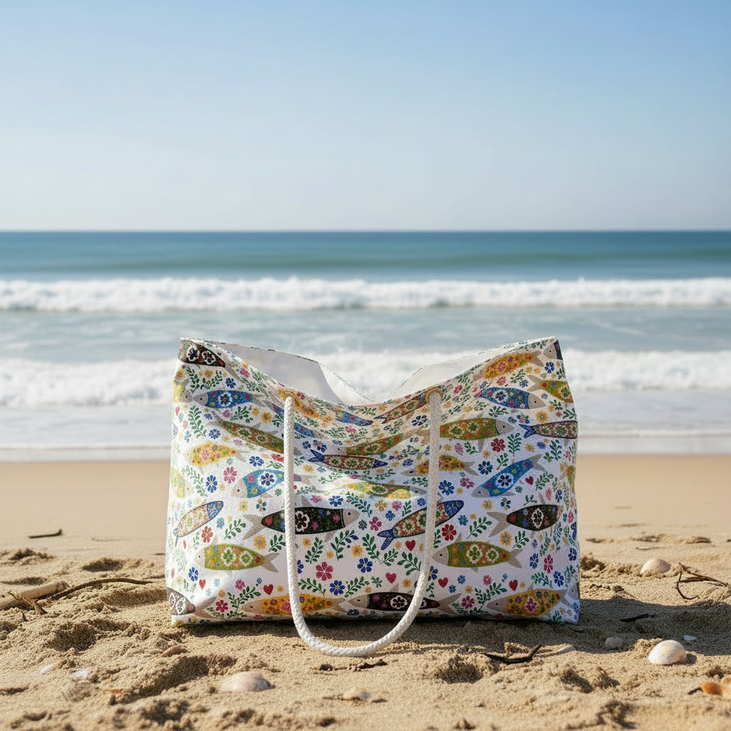 Colorful fish-patterned bag with a white strap on a white background
