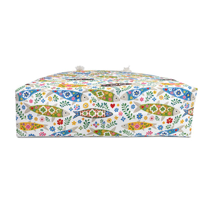 Colorful fish-patterned tissue box cover on a white background